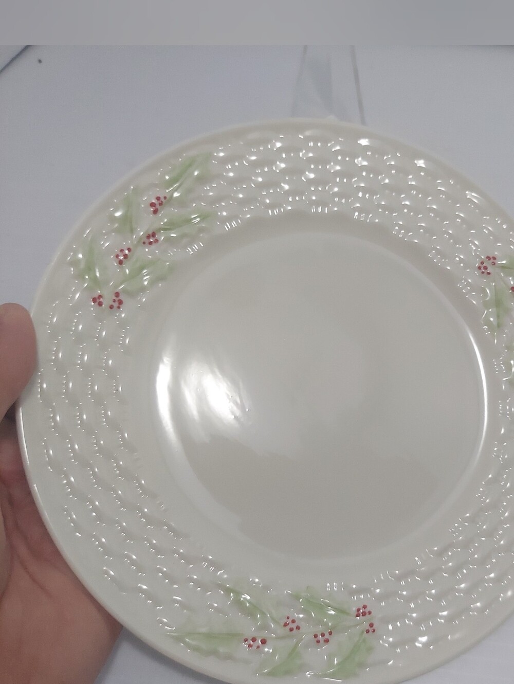 Belleek Enchanted Holly, Ireland, Basketweave: 1990s Salad Plate 8 1/8"